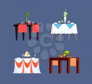 Restaurant tables with tablecloth and vase decoration vector. Isolated icons of desk with empty plates traditional dishes of China Japan wedding cake