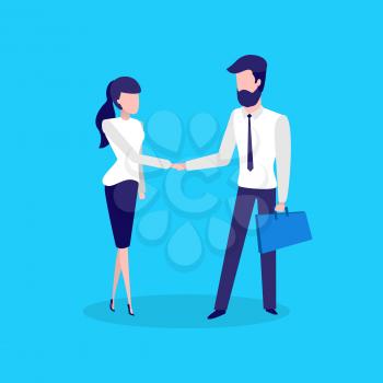 Conference meeting of man and woman, business deal vector. Team working together, partnership of businessman with briefcase and businesswoman in suit