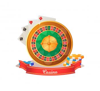Roulette table with numbers, ace cards and colorful chips, gambling poster with round table and devils books, gaming casino, entertainment vector