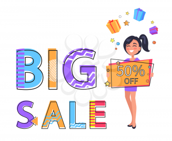 Big sale poster price off. Woman holding paper with discounts deal, presents in boxes above female. Business promotion isolated on vector illustration