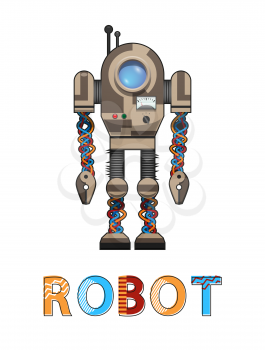 Robot artificial organism poster headline. Robotic computer designed for future generation. Humanoid with long hands isolated on vector illustration