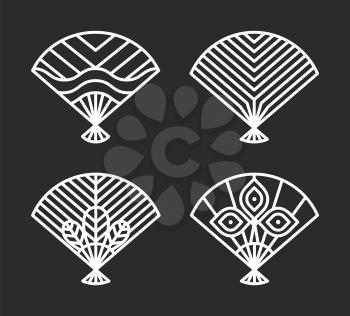 Japanese icons of fans, collection of traditional objects of Japan, lines and floral print, colorless poster, vector illustration isolated on black