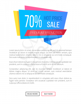 70 off hot price premium promotion sale web poster with push buttons read more and buy now. Vector illustration banner with info about discounts