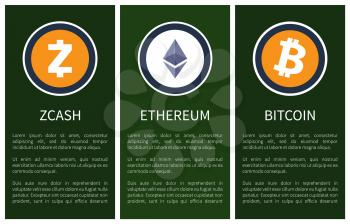 Cryptocurrency icons and sample text on posters with sample texts. Orange zcash and bitcoin, white ethereum inside circles vector illustrations set.