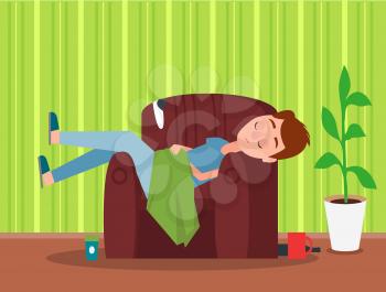 Sleeping in brown armchair man colorful poster with cute flat, green striped wallpaper, pretty plant, two cups black bottle, blue t-shirt and trousers