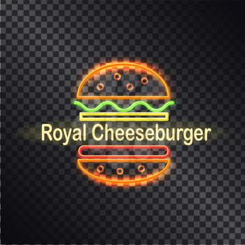 Neon icon of royal cheeseburger, colorful banner isolated on transparent backdrop, lot of curved lines, orange buns, abstract salad, cutlet and cheese