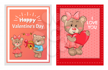 Happy Valentines Day I love you posters male teddy bear holding hive full of honey and smile, bees flying with red heart, present for girlfriend vector