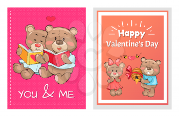 Happy Valentines day you and me posters set, teddy bears in love reading books, presents hive full of honey to lovely girlfriend, greeting cards design