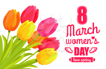 8 March ladys day, love spring lettering of pink color with ribbon tulips and flowers symbolic items, vector illustration isolated on white background