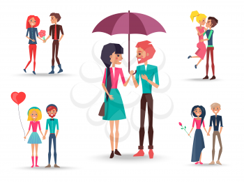 Set of five couples in love full-length vector illustration. Cheerful pair of lovers stands under one umbrella, holds red flowers and air balloon.