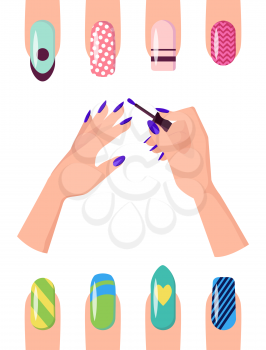 Bright summer manicure with modern patterns samples on neat female nails of square and rounded shapes set isolated cartoon flat on white background.