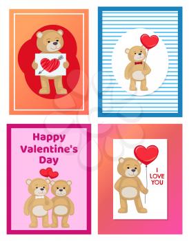 I love you and me teddy bears with heart sign vector illustration of stuffed toy animals, presents for Happy Valentines Day, cartoon posters