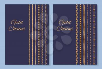 Luxurious expensive gold chains promo poster. Elegant accessories of precious metal vector illustrations and sign in italic font on blue background.