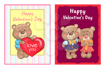 Happy Valentines day poster bear male holding red heart, text I love you, fluffy stuff teddy-bears couple on walk isolated vector in cartoon design