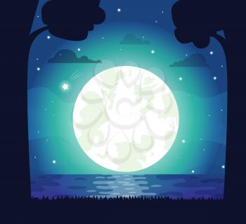 Silhouette of full moon and its reflection on rivers surface, stars and clouds at night sky, trees and grass, isolated on vector illustration