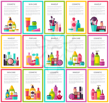 Cosmetic skin care makeup perfume colorful banners vector illustration with various care products, multicolored frames, text sample isolated on white
