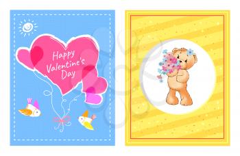 I love you and me teddy bears with heart sign vector illustration of stuffed toy animals, presents for Happy Valentines Day, cartoon posters