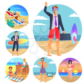 Business summer collection of images in circles, businessman with suitcase waving, woman in hammock with laptop sunset isolated on vector illustration