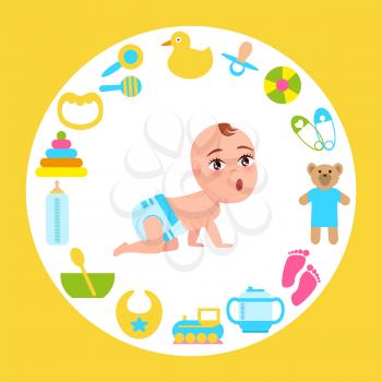 Toddler infant in diaper crawls on all fours with wide open mouth frame made of accessories for kids fun and care vector poster with circle border.