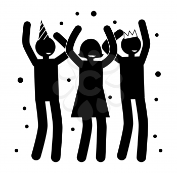 Birthday party poster people black silhouettes who dance with raised hands up in festive hats and crown, corporative fest members isolated cartoon vector