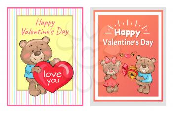 Happy Valentines day poster male teddy bear holds hive, bees flying with red heart, present for girlfriend and animal with pillow I love you vector