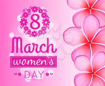 International womans day holiday celebrated on eight of March, flowers in shape of 8 vector illustration greeting card design isolated blurred pink