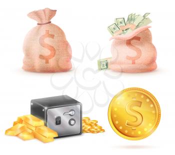 Sack full of money, metal safe strongbox and linen closed bag with banknotes, golden coin dollar sign, isolated on white background. Currency symbols