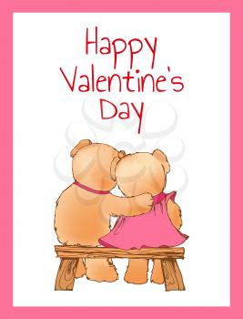 Happy Valentines day poster with two bears hugging on bench back view. Couple of plush soft teddies embrace vector greeting card isolated on white