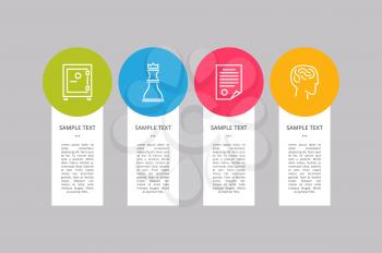 Infographic elements collection with headline and informational text, chess figure and strongbox, human brain and man, isolated on vector illustration