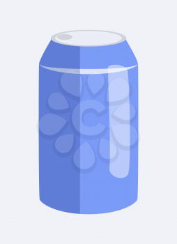 Can of soda, and beverage, canned bottle, made of aluminium, container of blue color, with liquid inside of it, vector illustration, isolated on white