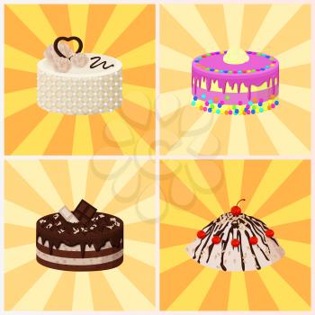 Sweet bakery collection, poster with cakes made of cream and biscuit, berries and chocolate, strawberries and blueberries, isolated on vector illustration on background with rays
