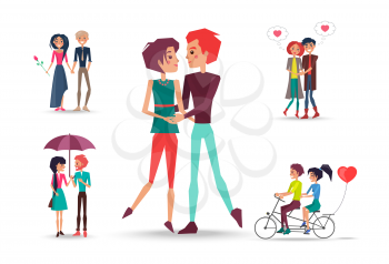 Loving girls and boys with red hearts on white background. Couples in love ride bicycle, embracing and stands under one umbrella vector illustration.