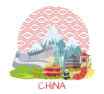 China promo poster with famous landmarks and nature. Great Chinese Wall, high mountains, cute panda and authentic architecture vector illustration.