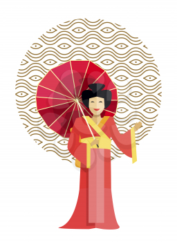 Geisha wearing kimono of pink color standing with umbrella and smiling, pattern made of lines on background, vector illustration isolated on white