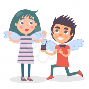 Boyfriend makes wedding proposal to his girlfriend vector illustration with two happy young people with angels wings isolated on white background