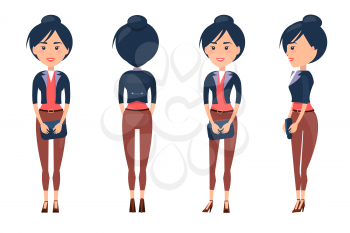 Woman constructor, girl side front and back view vector illustration isolated on white background. Lady in trousers and blouse with cute haircut