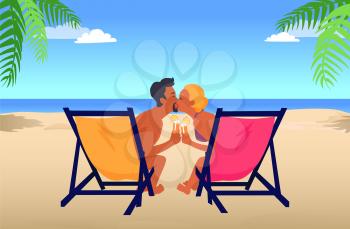 Man and woman kiss each other in recliners on sandy beach with blue ocean, sky with white clouds and exotic palms vector illustration.