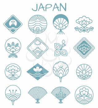 Japanese icons with unusual floristic patterns in shape of rhombus or traditional fan in blue color isolated cartoon flat vector illustrations set.