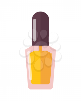 Bright yellow nail polish in transparent glass glossy bottle with black rounded top isolated cartoon flat vector illustration on white background.