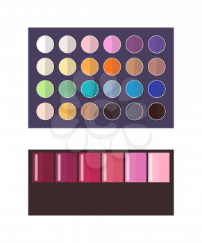 Make up palette of eyeshadow, cosmetics objects used by women applied on the eyelids, collection of colors, vector illustration isolated on white