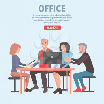 Co-workers discuss new startup in cozy office with modern devices isolated on blue background. Business project planning vector illustration. Well-knit teamwork as condition for future success.
