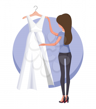 Woman holding long wedding dress of white color and looking at her dream, poster of lady and preparation to marriage isolated on vector illustration
