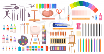 Art supplies vector illustration with icons of easel, different brushes, various paints and tools and instruments for painting and handmade in cartoon style