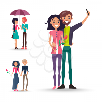 Set of three couples in love on white background vector illustration. Cheerful women and men holds hands, makes selfie, stands under one umbrella