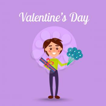Valentines Day poster with little boy who smiles and holds bouquet of blue gerberas and gift box decorated by red bow vector illustration.