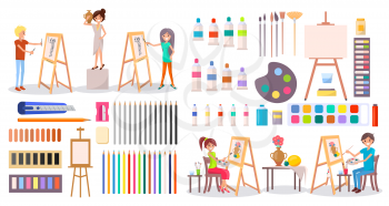 Young smiling artists at work along with set of numerous art supplies and stationery items isolated vector Illustration on white background. Cartoon style