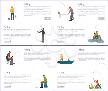 Fishing posters men set. People and their hobby. Male sitting on wooden construction by river or lake and fishing rod. Boats on vector illustration