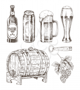 Beer and ale collection isolated on white backdrop, vector illustration of different bottles and alcohol containers, oak cask and hop, can opener