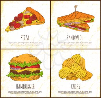 Pizza sandwich hamburger and chips appetizer set, isolated on bright backdrop fast food cards, baked and roasted meal, unhealthy nutrition banner