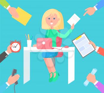 Woman at work desk and hands that give business orders. Busy female office worker overload with professional tasks cartoon flat vector illustration.